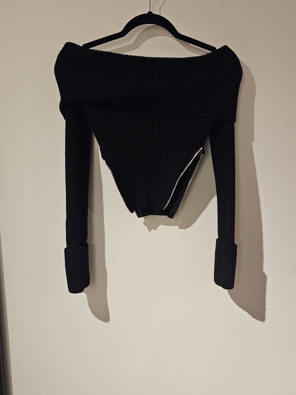 Maniere De Voir Black Off-Shoulder Ribbed Knit Sweater with Side Zip